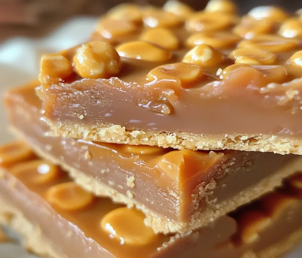 Nahaufnahme von Erdnussbutter-Karamell-Shortbread-Riegeln, die eine glänzende Schokoladenschicht, eine cremige Karamell-Erdnussbutter-Schicht und eine krümelige Shortbread-Basis zeigen, in saubere Quadrate geschnitten auf einem rustikalen Holztisch