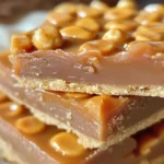 Nahaufnahme von Erdnussbutter-Karamell-Shortbread-Riegeln, die eine glänzende Schokoladenschicht, eine cremige Karamell-Erdnussbutter-Schicht und eine krümelige Shortbread-Basis zeigen, in saubere Quadrate geschnitten auf einem rustikalen Holztisch