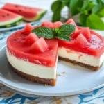 Wassermelonen-Käsekuchen auf Holztisch mit Minze
