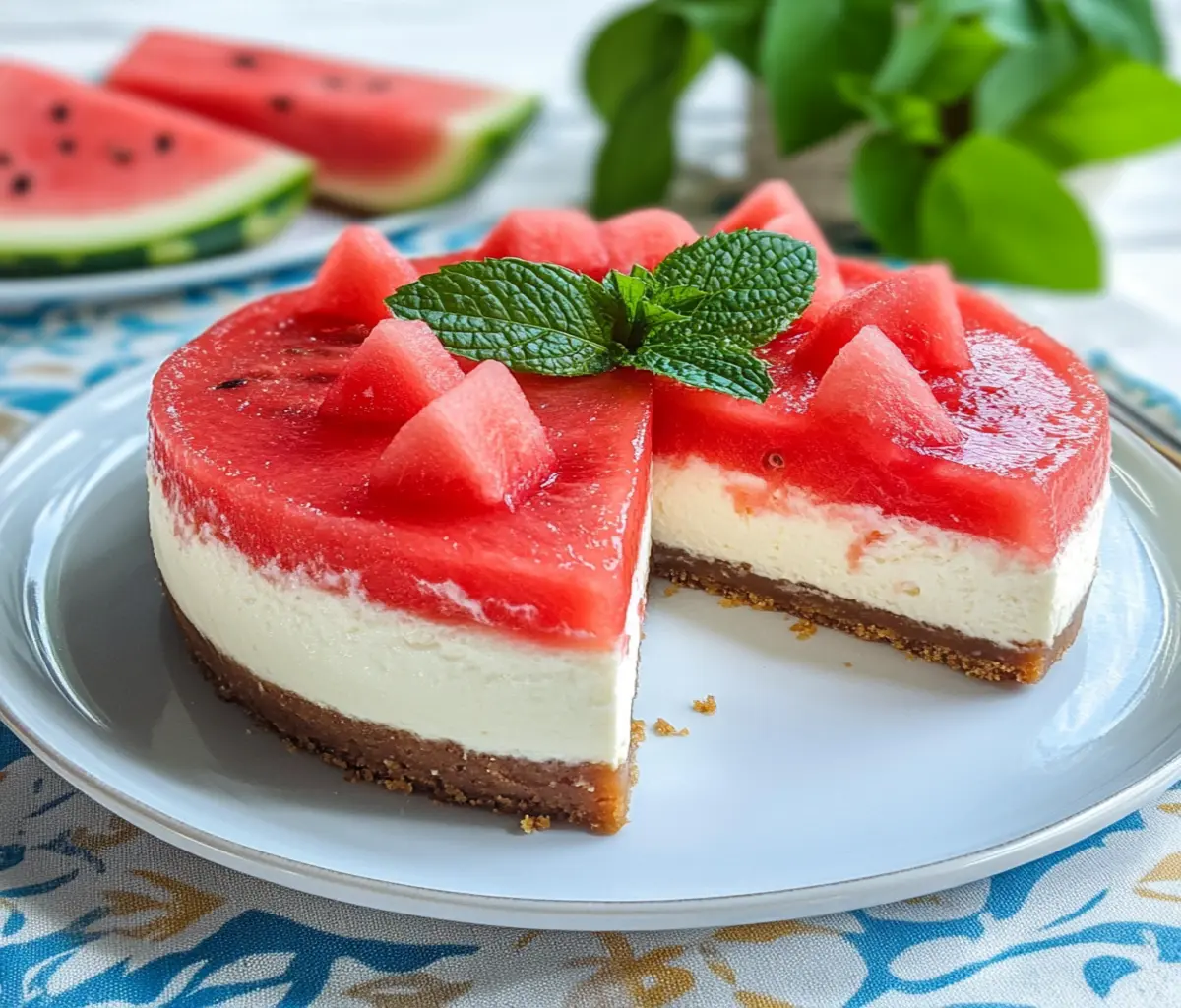Wassermelonen-Käsekuchen auf Holztisch mit Minze